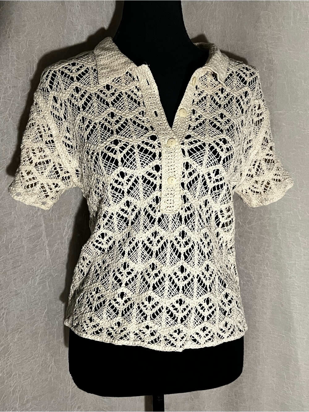 Crochet Lace Short-Sleeve Polo Top - beige